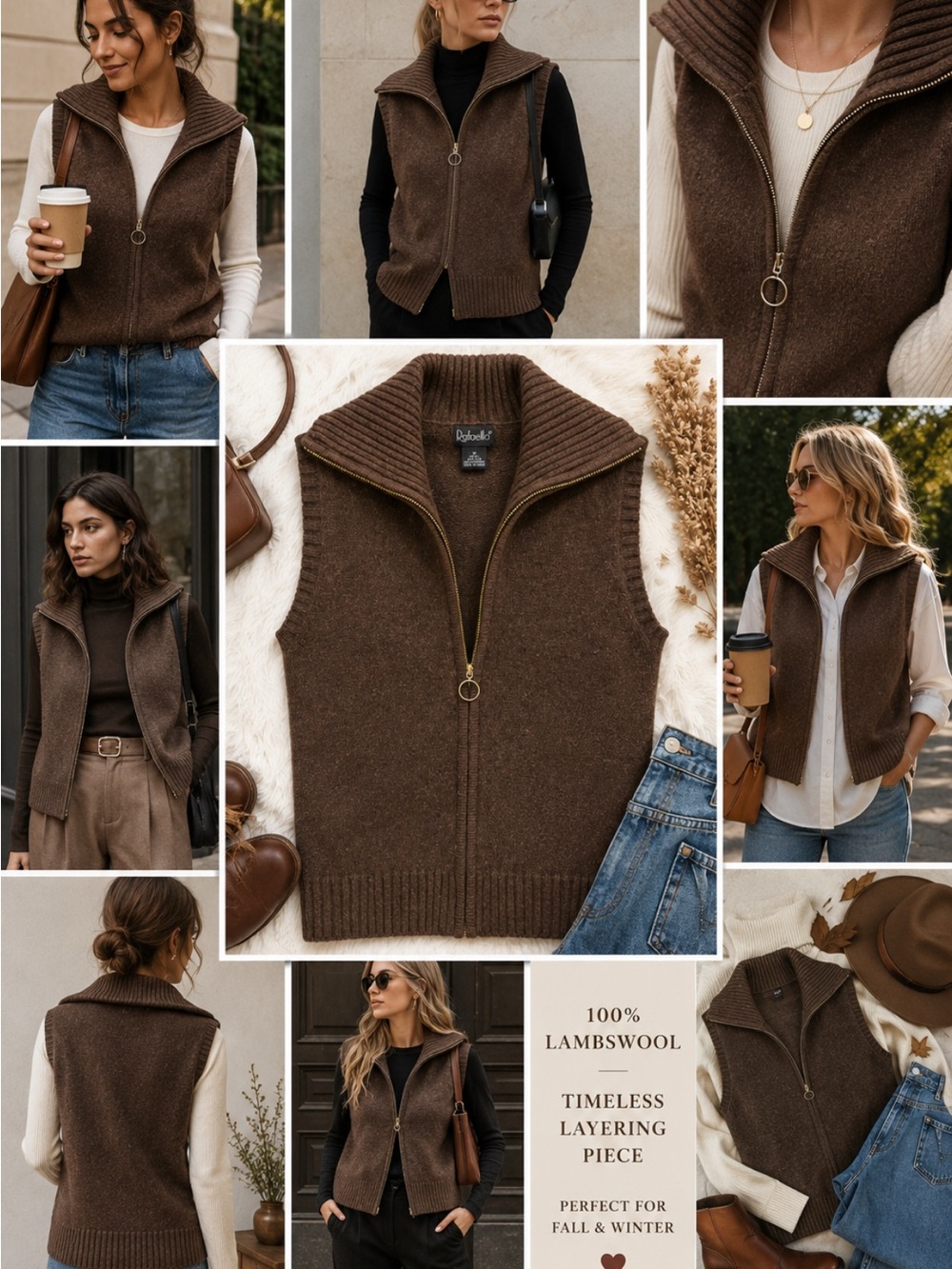 Rafaella Sweater Vest Medium Brown 100% Lambswool Full Zip 90s Vintage Mock Neck